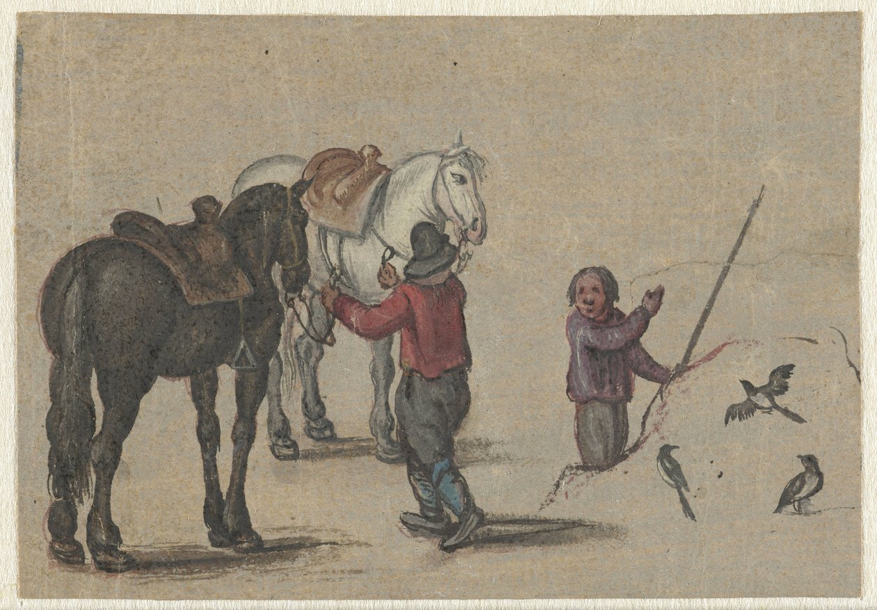 Mężczyzna trzymający dwa konie i mężczyzna z ptakami autorstwa Adriaen Pietersz van de Venne (possibly)