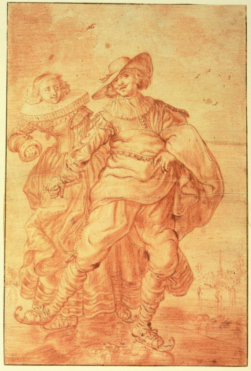 Dama i dżentelmen na łyżwach na lodzie, ok. 1625 (czerwona kreda na papierze) autorstwa Adriaen Pietersz van de Venne