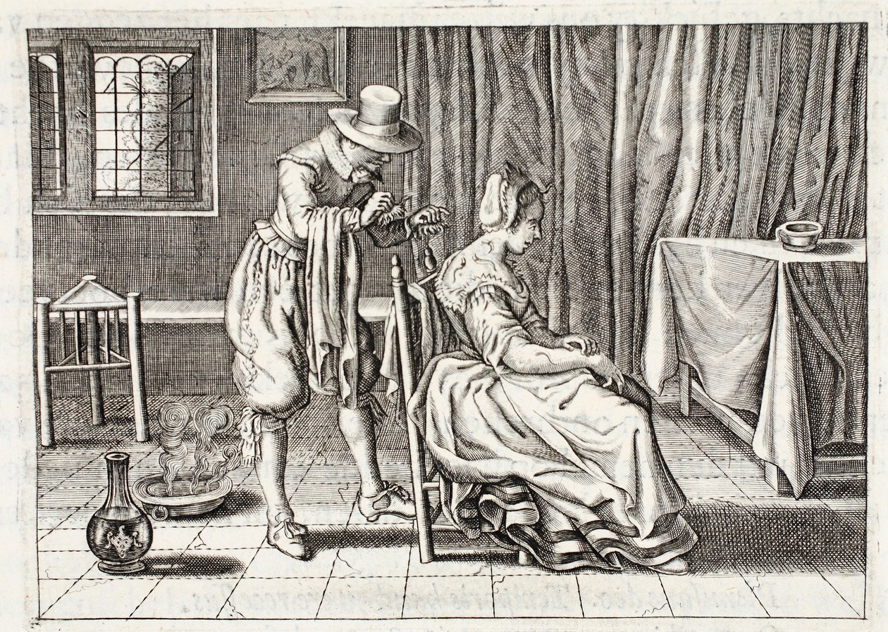 Aplikowanie pijawek, ilustracja z „Emblemata of Zinne-werk” Johannesa de Brune (1589-1658), Jan Jacobs Schipper, Amsterdam, 1661 autorstwa Adriaen Pietersz van de Venne