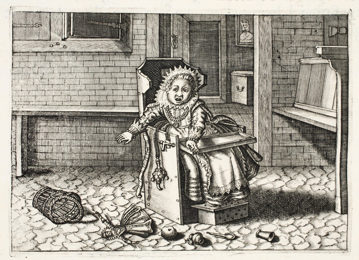 Dziecko płaczące po swoje zabawki, ilustracja z "Emblemata of Zinne-werk" Johannesa de Brune (1589-1658), Jan Jacobs Schipper, Amsterdam, 1661 autorstwa Adriaen Pietersz van de Venne