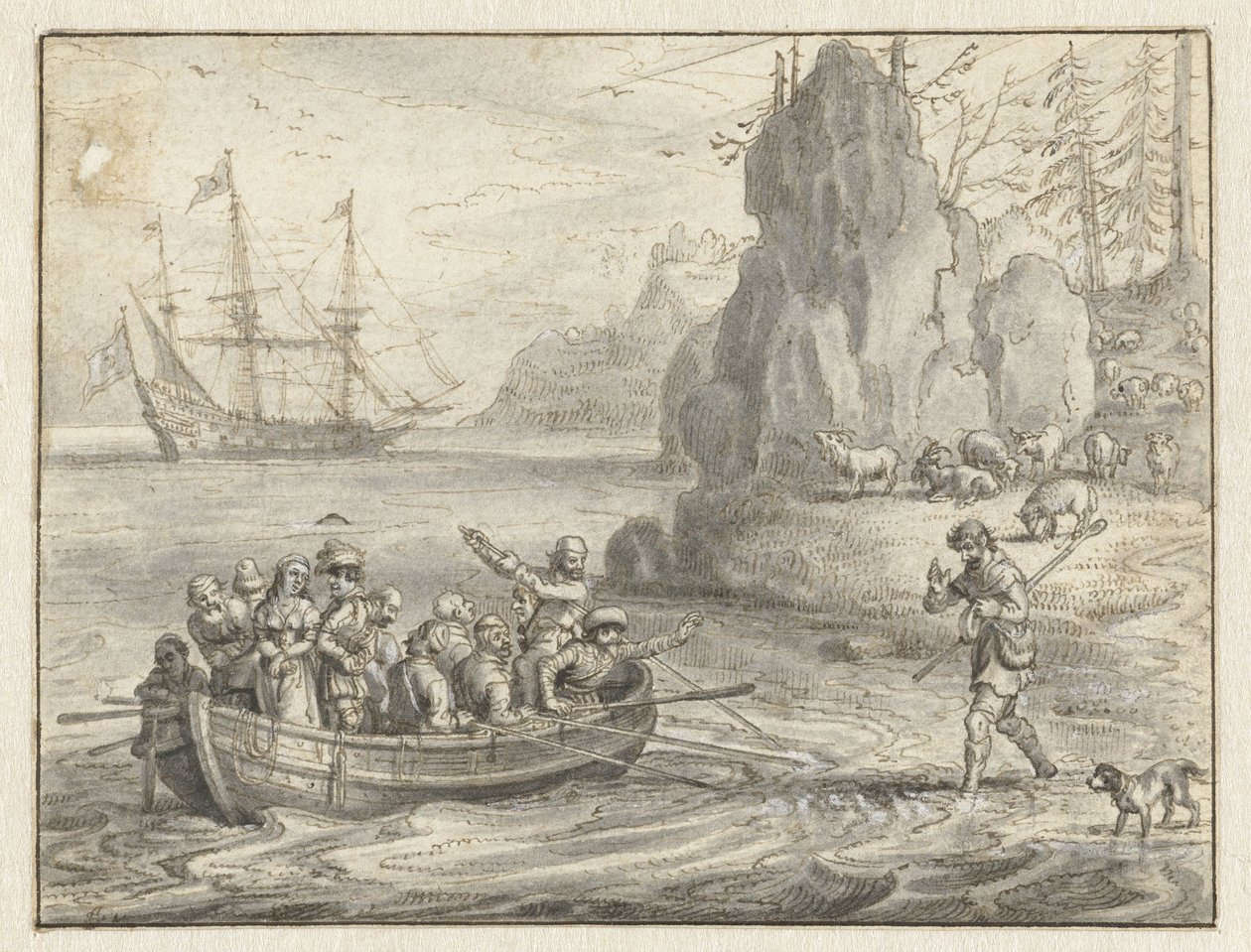 Celadon błaga piratów, aby zabrali go wraz z jego uprowadzoną żoną, Galatea autorstwa Adriaen Pietersz van de Venne