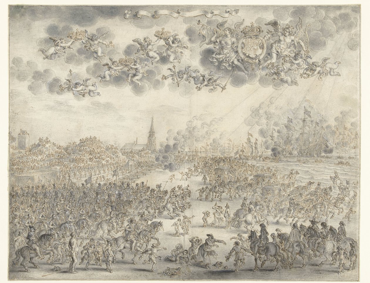 Wyjazd Karola II z Scheveningen Zaokrętowanie króla Karola II w Scheveningen, 2 czerwca 1660 autorstwa Adriaen Pietersz van de Venne