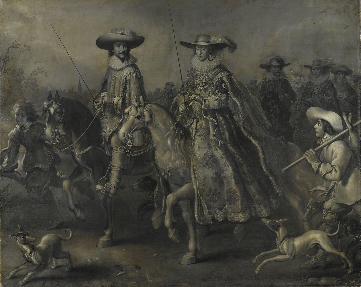 Fryderyk V (1596-1632), elektor Palatynatu, król Czech i jego żona Elżbieta Stuart (1596-1662) na koniu autorstwa Adriaen Pietersz van de Venne