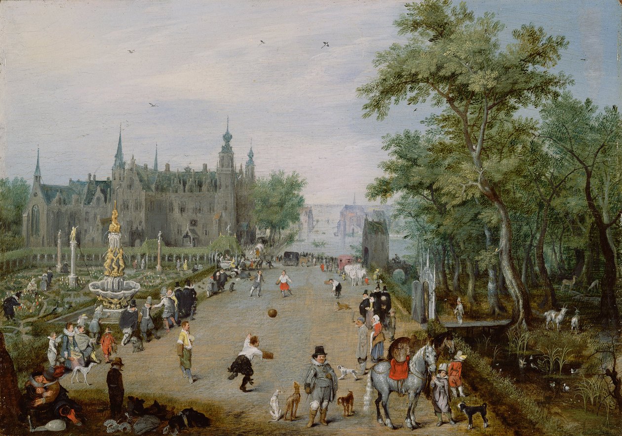 Jeu de Paume przed pałacem wiejskim, ok. 1614 autorstwa Adriaen Pietersz van de Venne