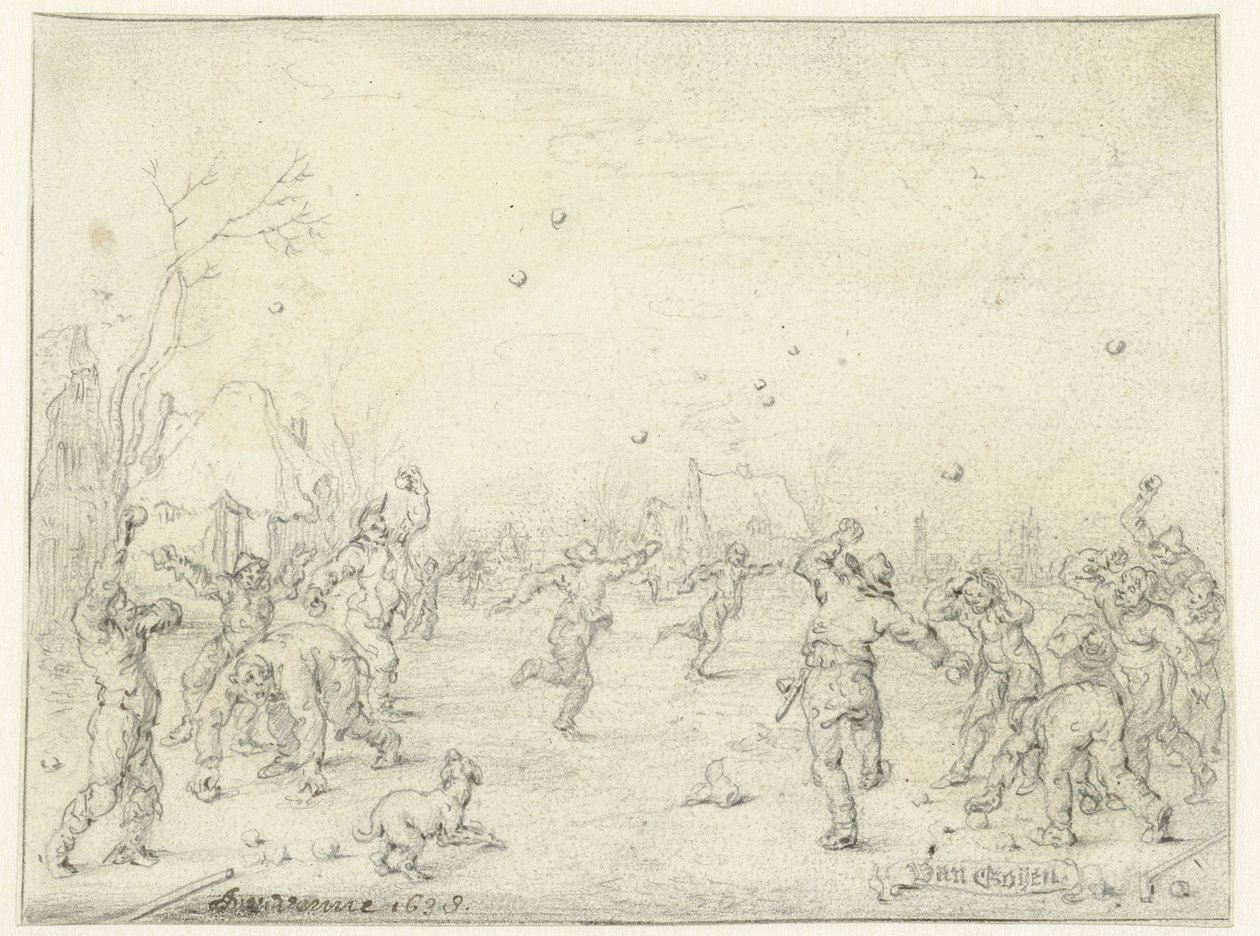 Mężczyźni i chłopcy rzucający śnieżkami autorstwa Adriaen Pietersz van de Venne