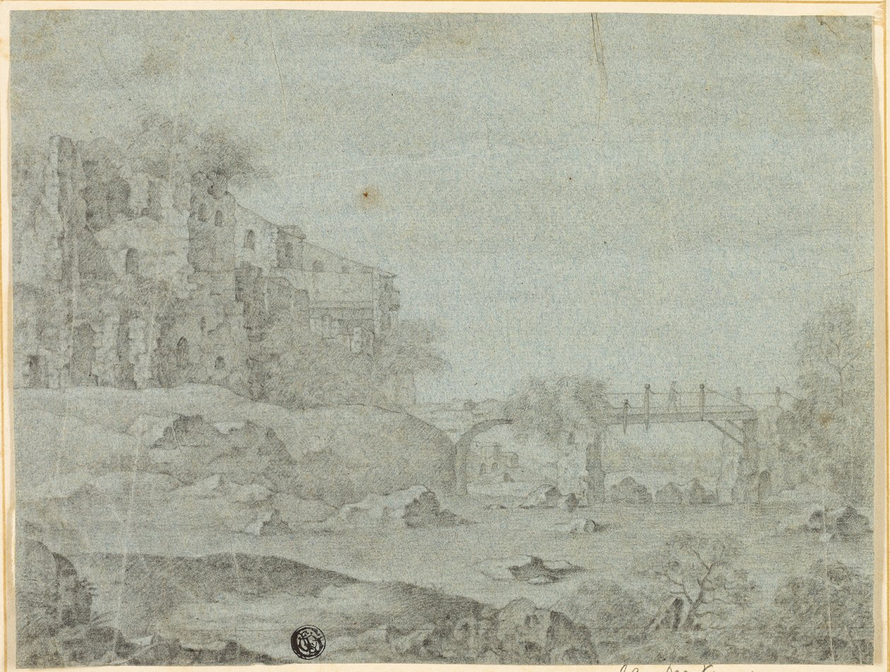 Ruiny z widokiem na rzekę i most autorstwa Adriaen Pietersz. van de Venne