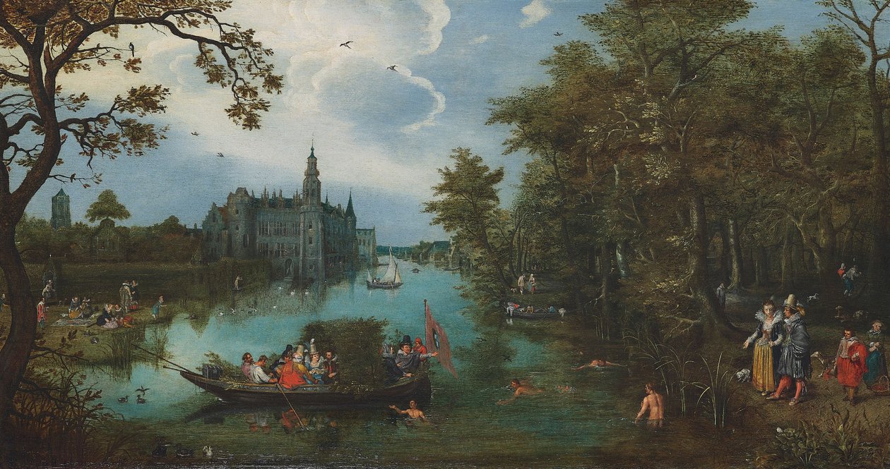 Letni krajobraz z imprezą żeglarską i kąpiącymi się autorstwa Adriaen Pietersz. van de Venne