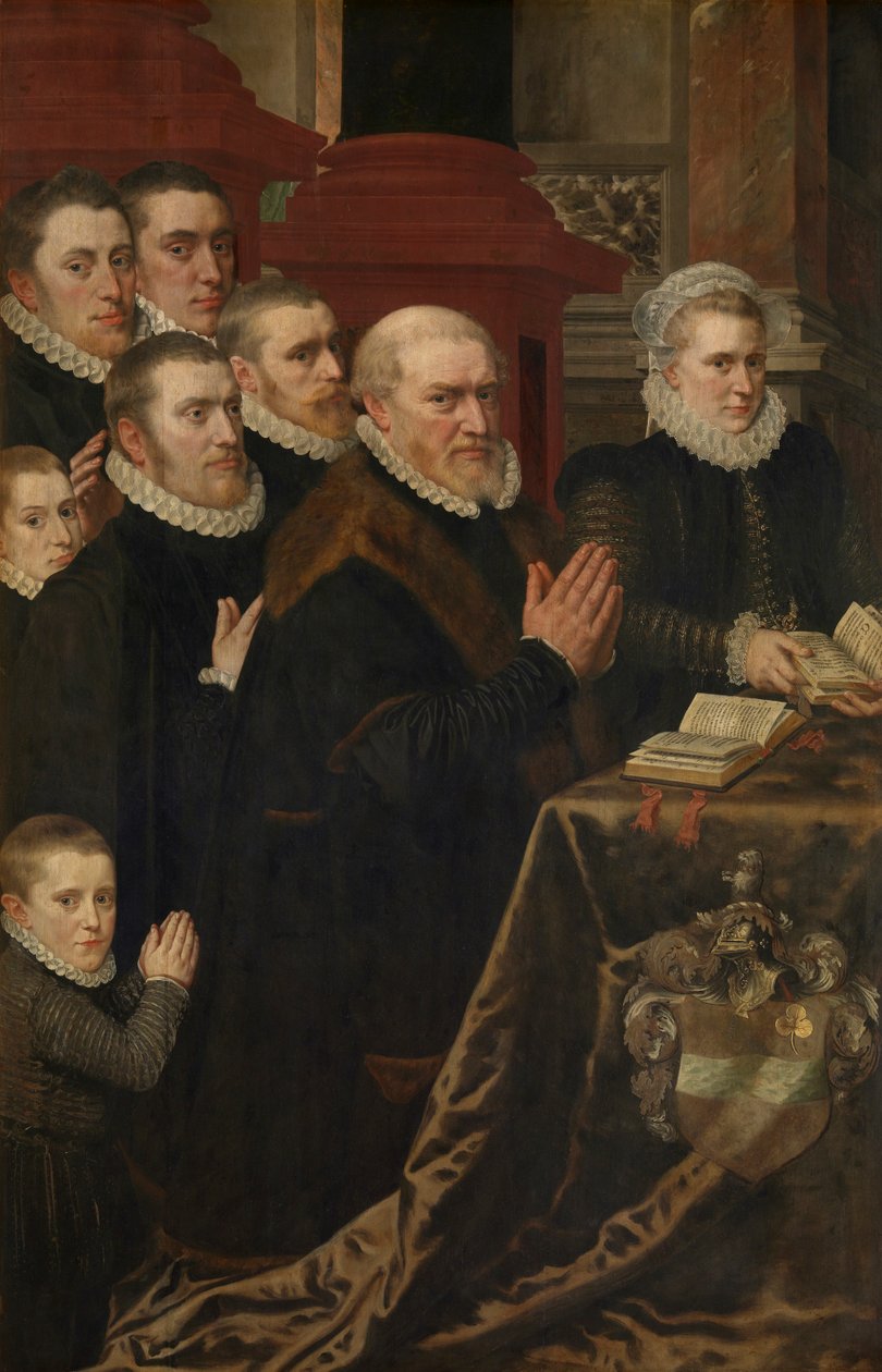 Kalwaria i rodzina Gillis de Smidt i Maria de Deckere (olej na desce) autorstwa Adriaen Thomasz Key
