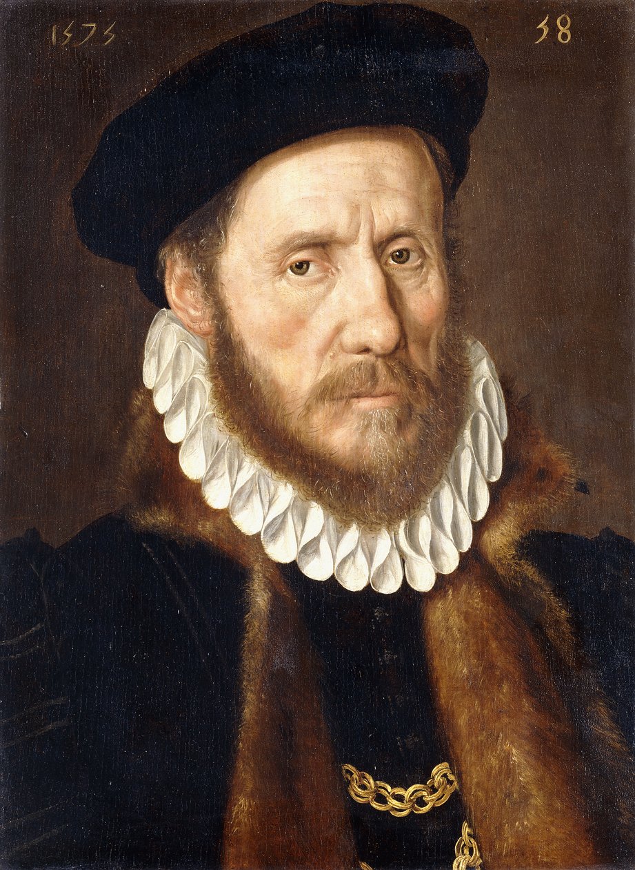 Portret brodatego dżentelmena, długość biustu, noszącego złote łańcuchy pod płaszczem z futrzanym płaszczem, 1575 autorstwa Adriaen Thomasz Key