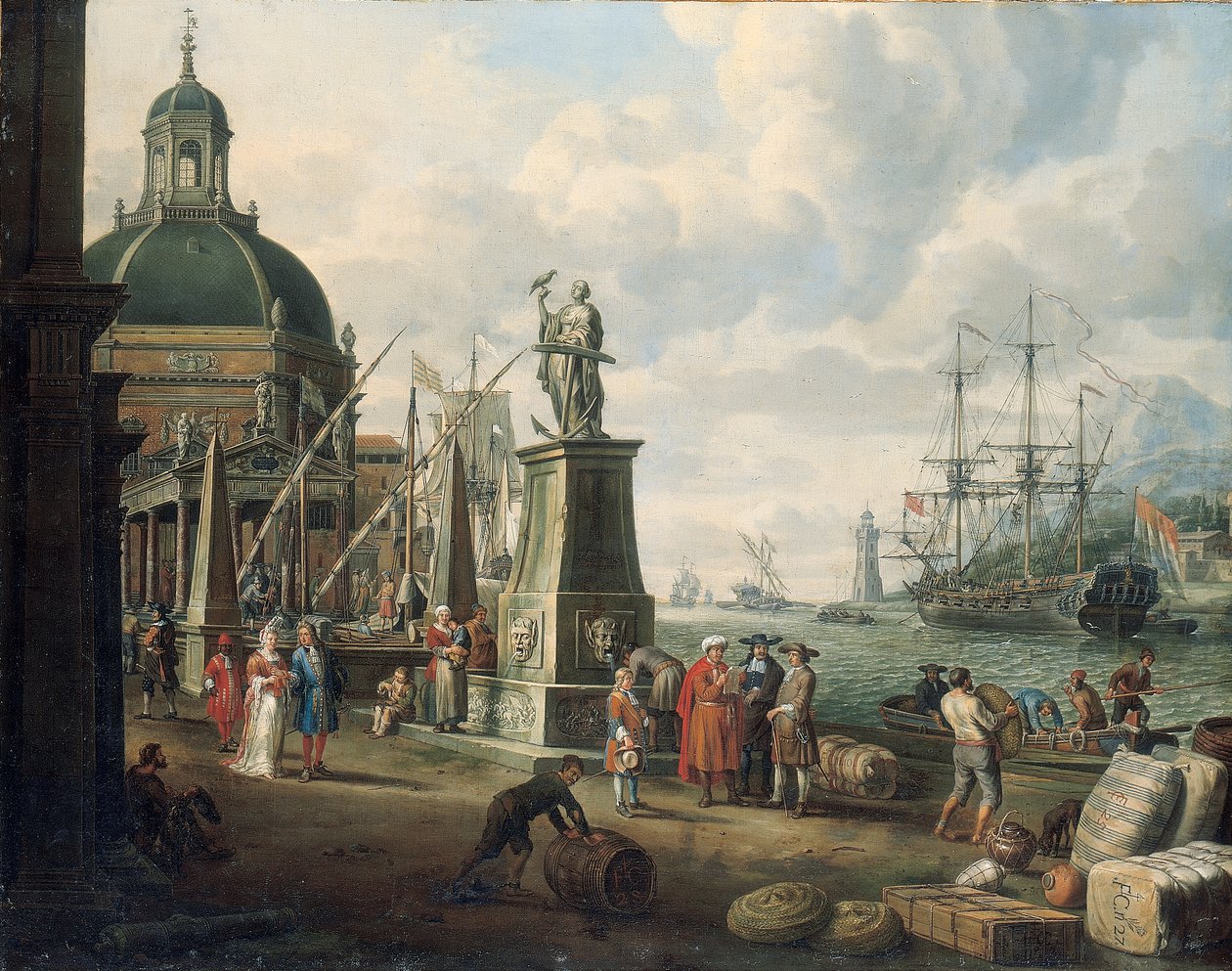 Capriccio śródziemnomorskiego portu z kupcami, elegancka para na nabrzeżu, przed posągiem Nadziei i barokowym kościołem, latarnią morską, holenderskim okrętem wojennym i innymi statkami dalej, 1700 autorstwa Adriaen Verdoel