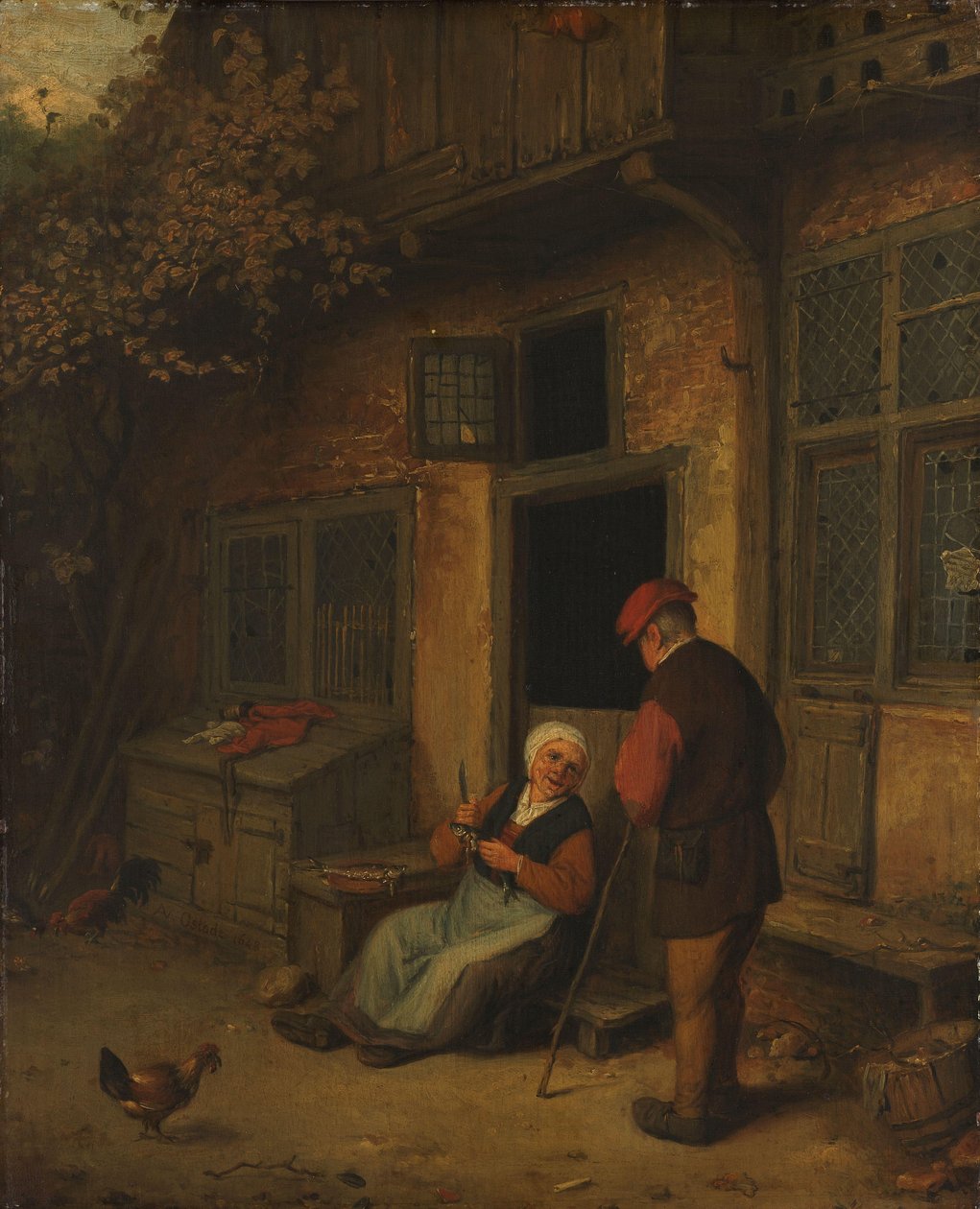 Kobieta patrosząca śledzie przed swoim domem autorstwa Adriaen van Ostade (copy after)