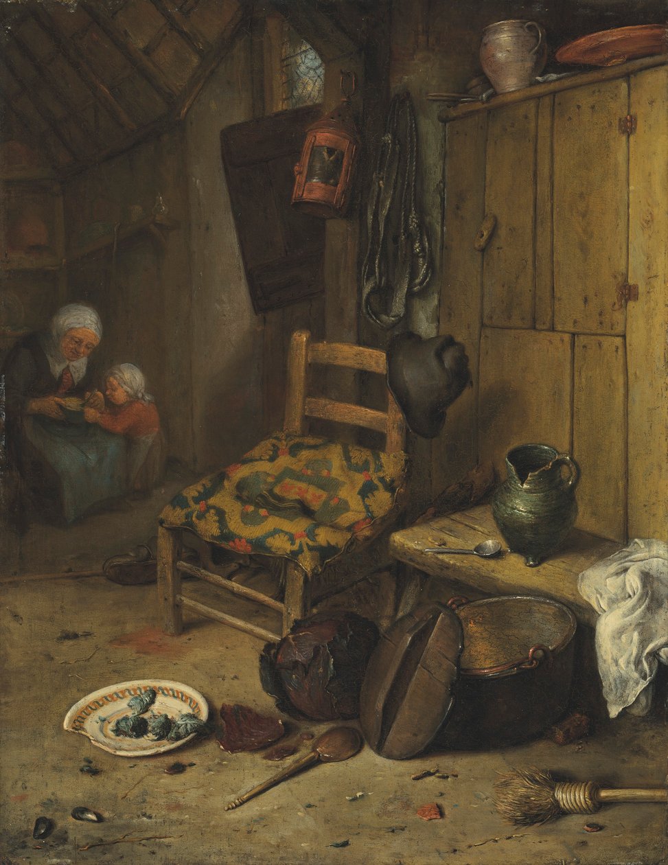 Wnętrze kuchni z matką i dzieckiem
Herb rodziny Van Doerne na tkanej poduszce autorstwa Adriaen van Ostade