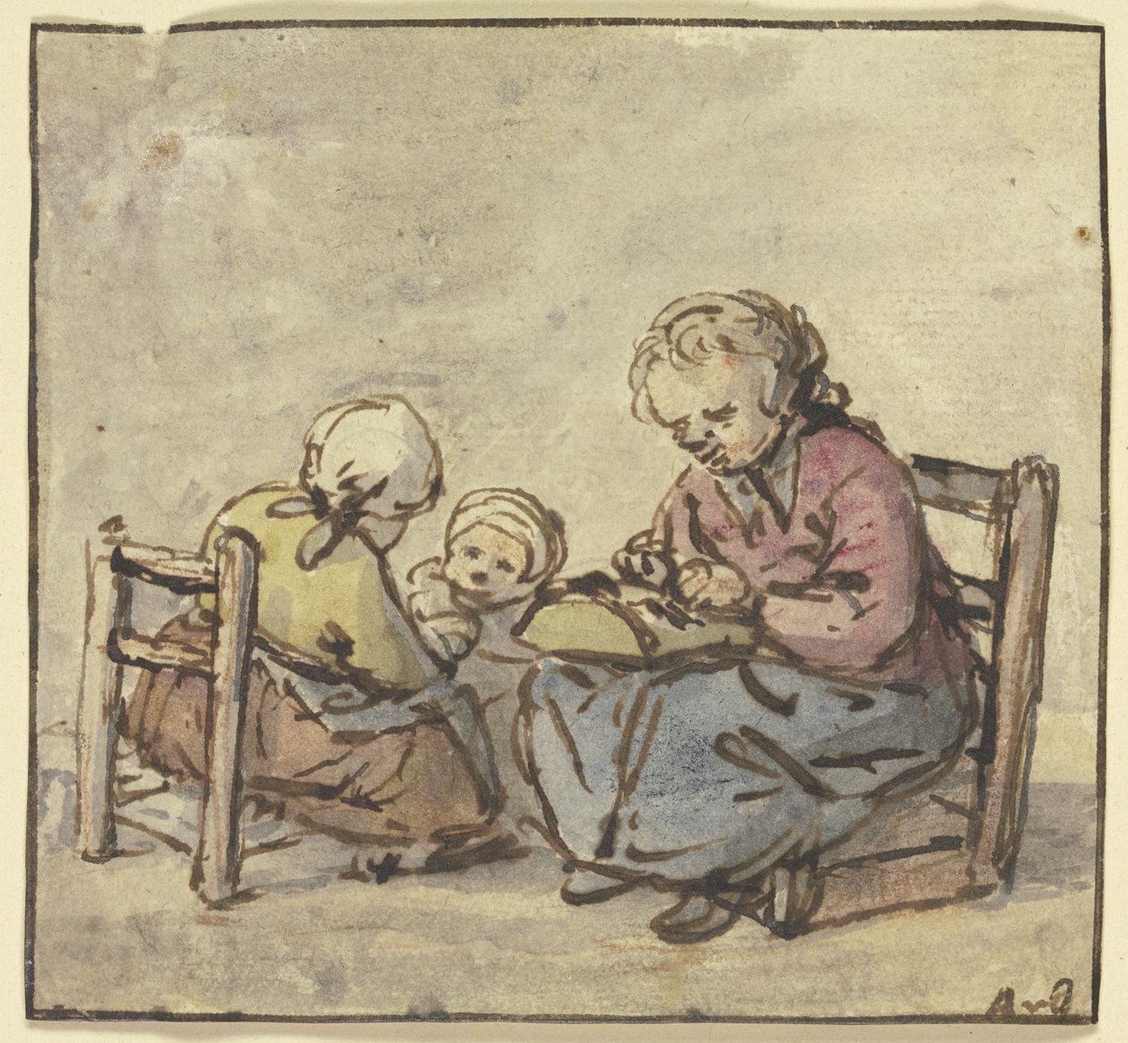 Trzy dziewczęta, najstarsza wyrabia koronkę klockową autorstwa Adriaen van Ostade