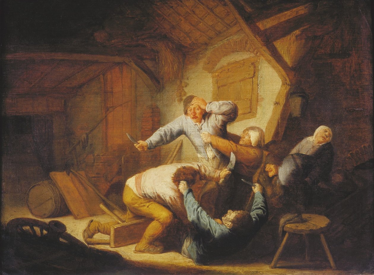 Holenderski: Chłopi walczący w karczmie autorstwa Adriaen van Ostade