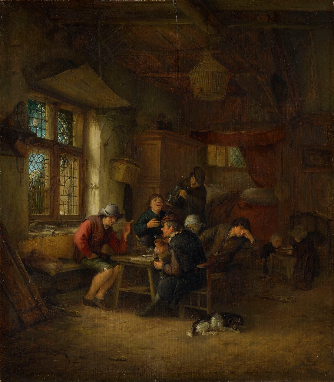 Wnętrze tawerny z pięcioma chłopami i kobietą autorstwa Adriaen van Ostade
