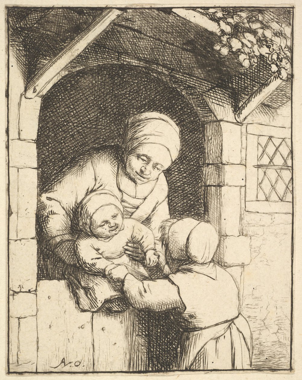 Mała dziewczynka bawi się z dzieckiem w ramionach matki, 1610-85. autorstwa Adriaen van Ostade