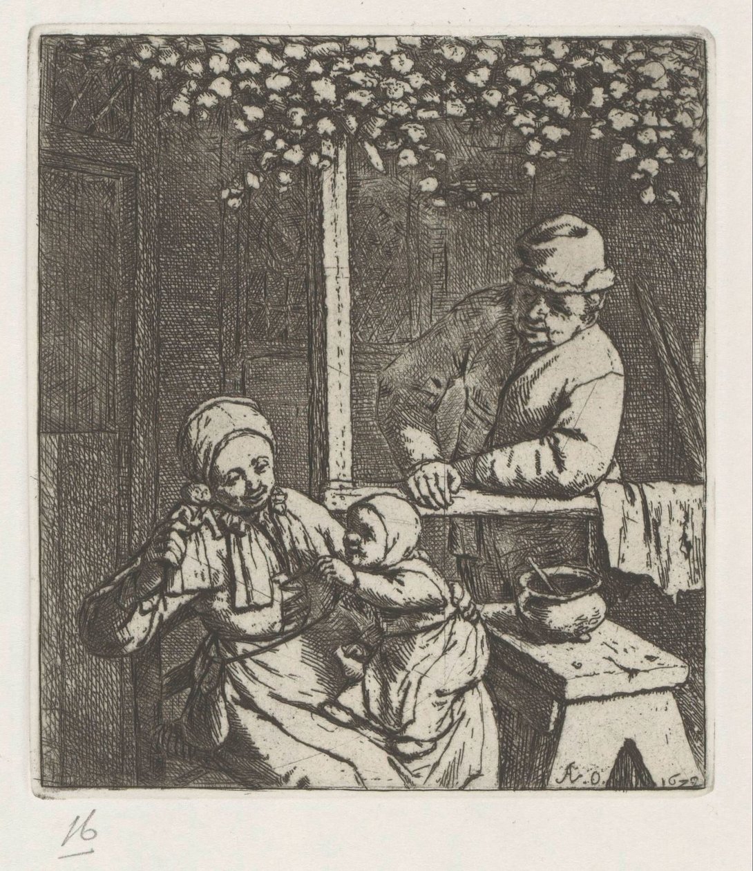 Matka z dzieckiem na kolanach wyciągająca lalkę autorstwa Adriaen van Ostade
