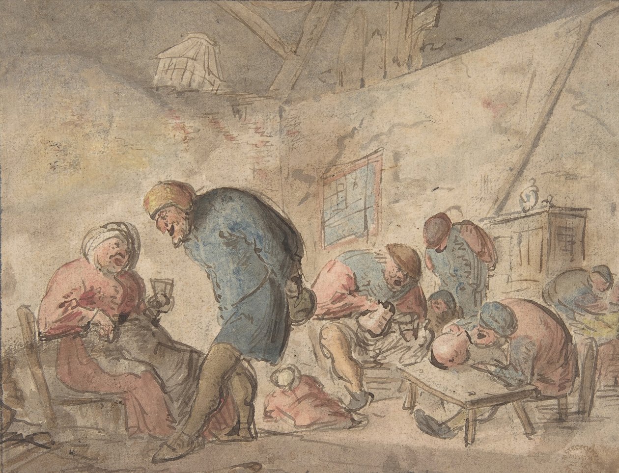 Chłopi picie, verso: szkice chłopów, 1610-85. autorstwa Adriaen van Ostade.