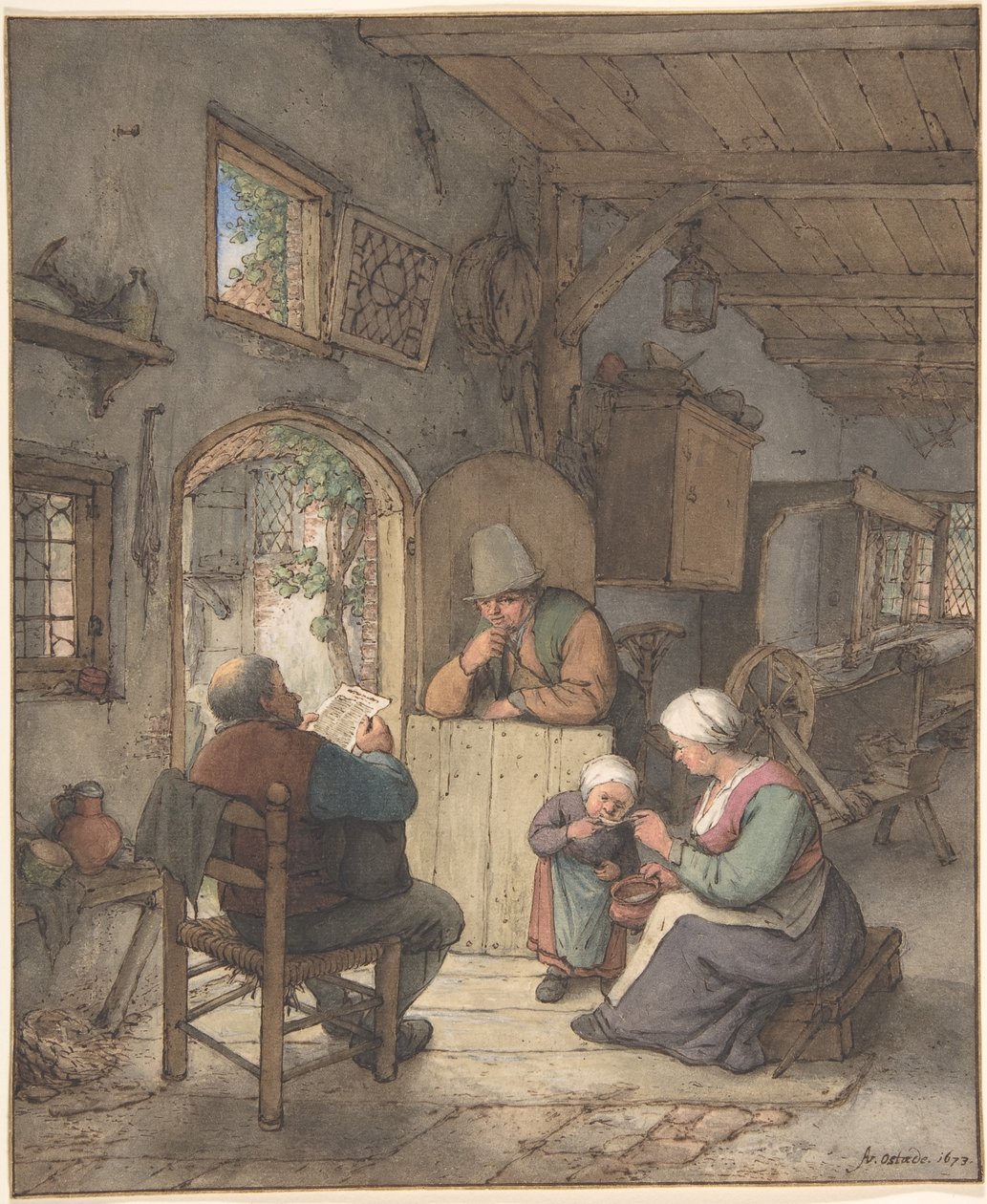 Czytanie wiadomości w chacie tkaczy autorstwa Adriaen van Ostade