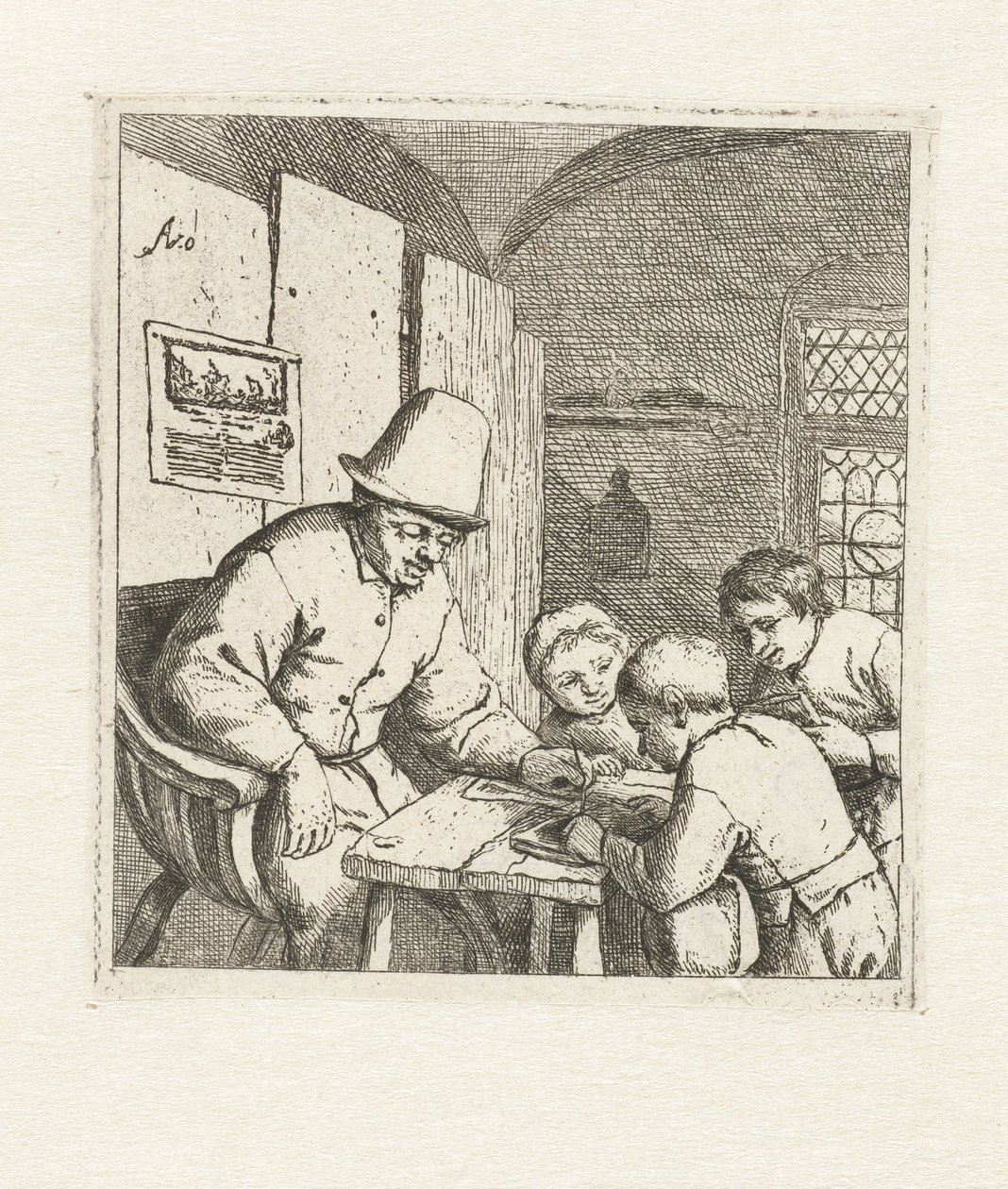 Nauczyciel z trzema uczniami przy stole Szkoła autorstwa Adriaen van Ostade
