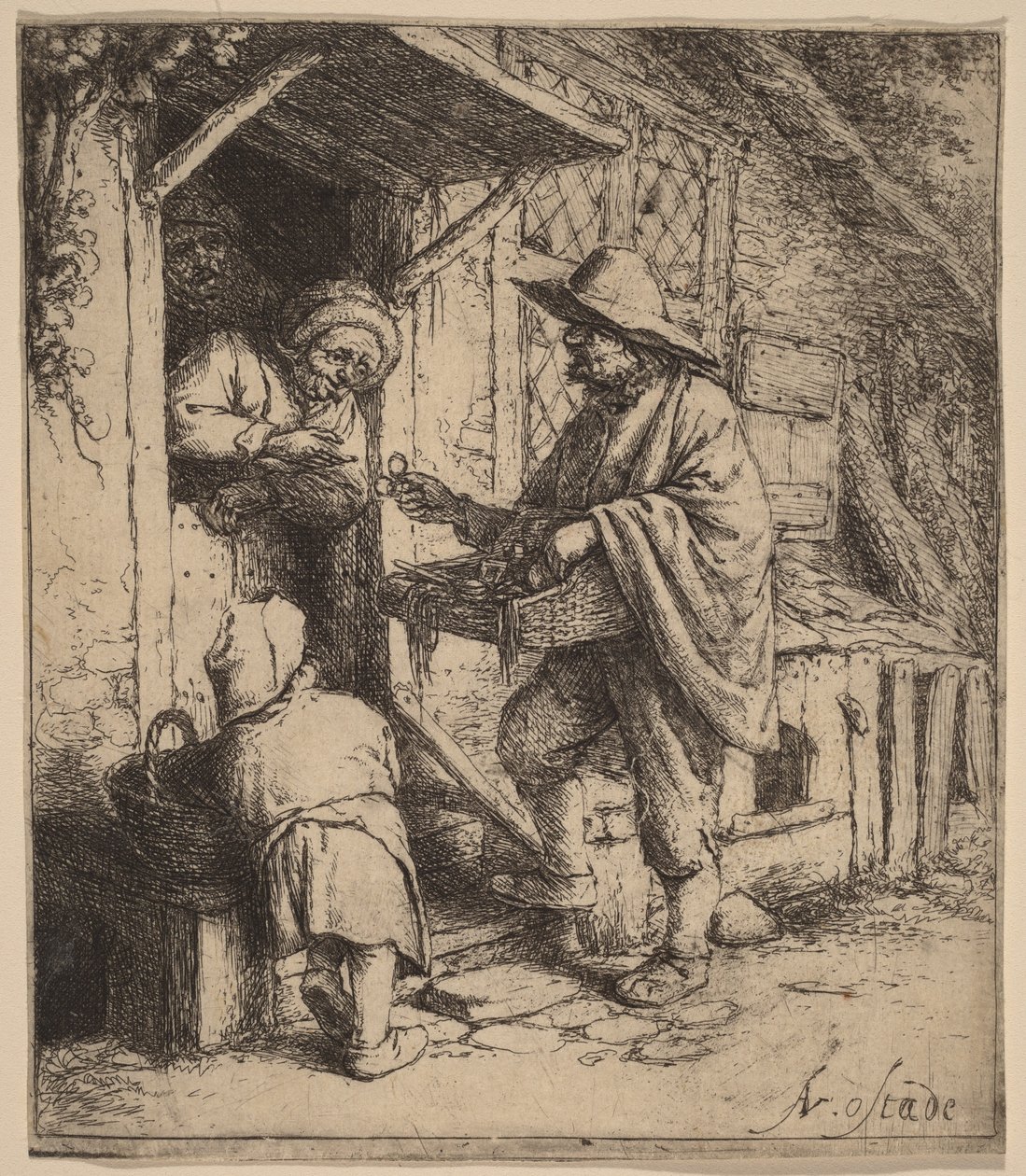 Uliczny sprzedawca sprzedający okulary przy drzwiach autorstwa Adriaen van Ostade
