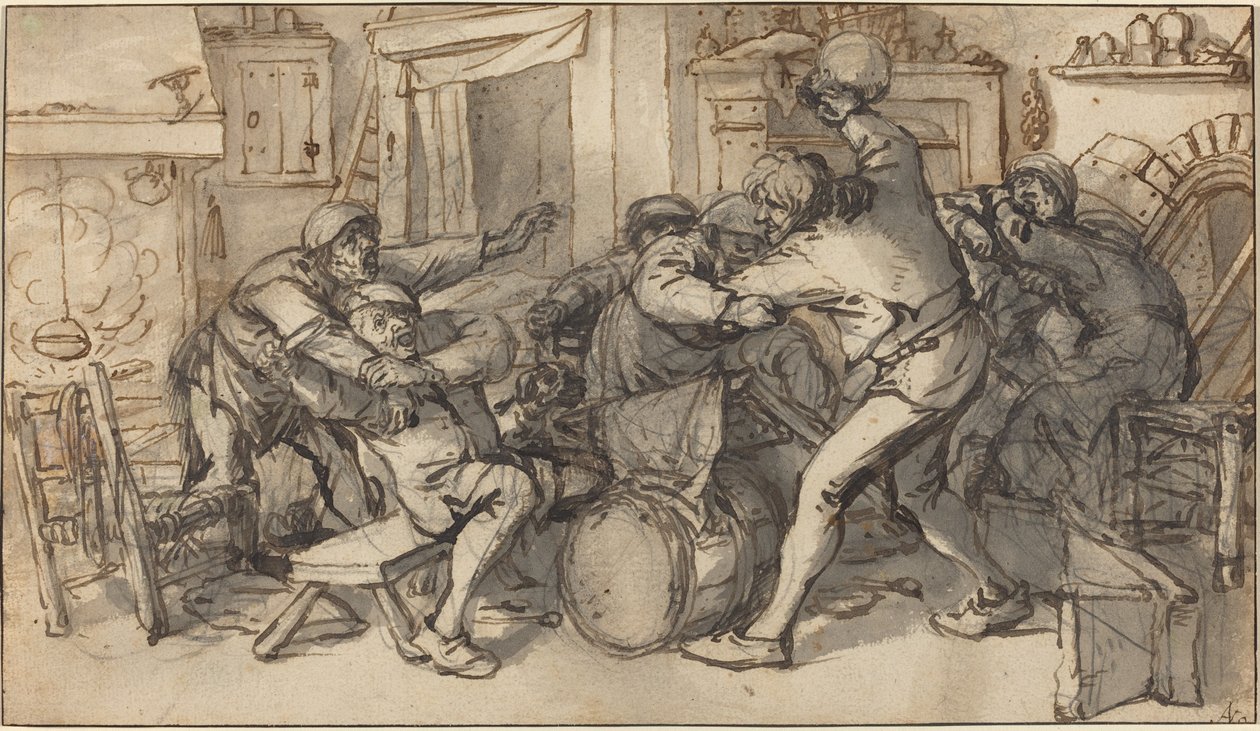Chłopi walczący w karczmie autorstwa Adriaen van Ostade and Cornelis Dusart