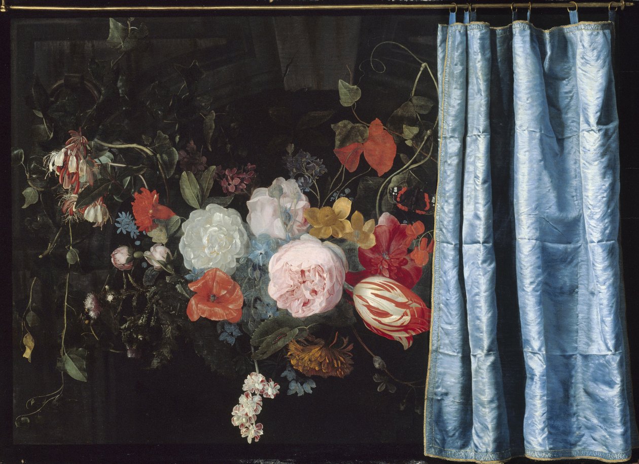 Trompe-l"Oeil Martwa natura z girlandą kwiatów i zasłoną, 1658 autorstwa Adriaen van Spelt