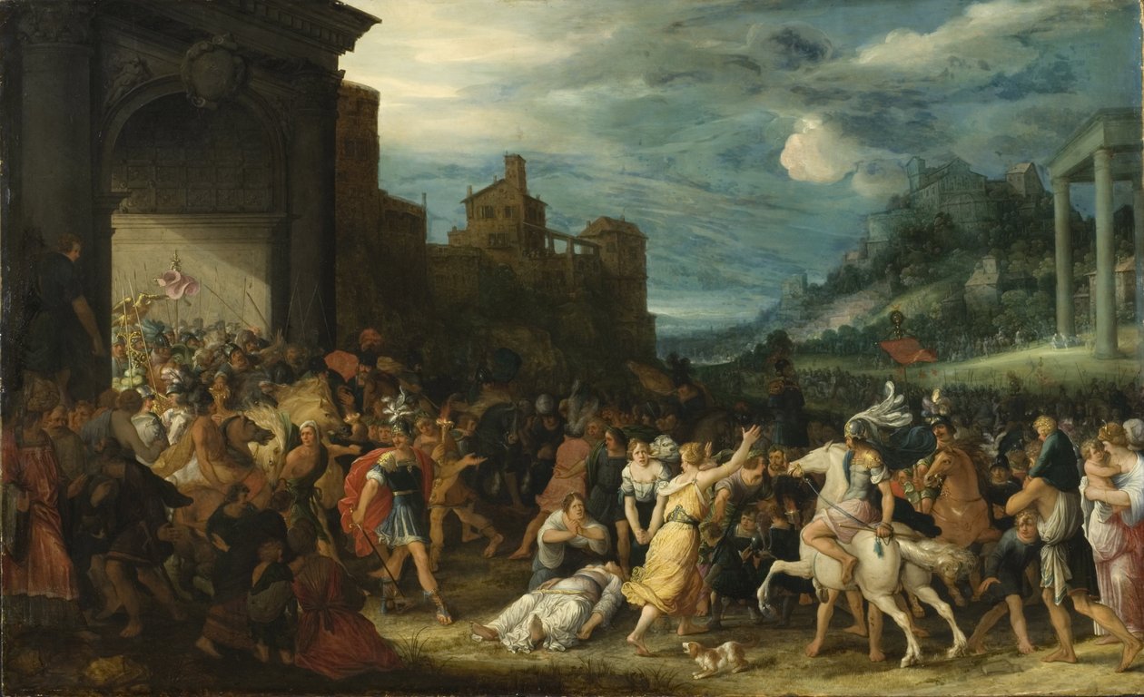 Les Horace entrent dans Rome - Horatii wkraczający do Rzymu, Stalbemt, Adriaen, van (1580-1662). Olej na drewnie. Wymiar : 67x109 cm. Muzeum Narodowe w Sztokholmie autorstwa Adriaen van Stalbemt