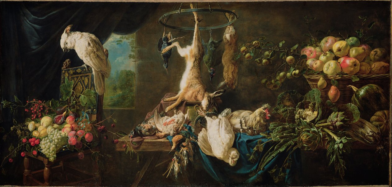 Martwa natura z dziczyzną, warzywami, owocami i kakadu, 1650 autorstwa Adriaen van Utrecht