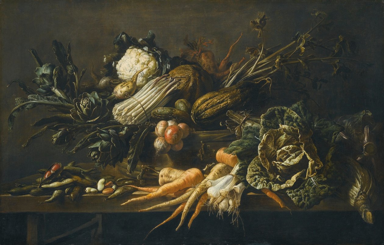 Martwa natura z karczochami, szparagami, zieloną kapustą, cebulą, fasolą, marchewką i innymi warzywami na drewnianej ławce. autorstwa Adriaen van Utrecht