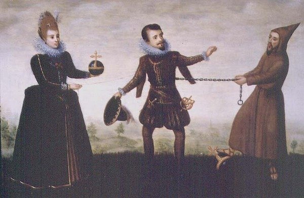 Satyra na arcyksięcia Alberta Pobożnego zrzekającego się arcybiskupstwa Toledo w celu poślubienia w 1598 r. Infantki Isabelli Clary Eugenii autorstwa Adriaen van de (workshop of) Venne