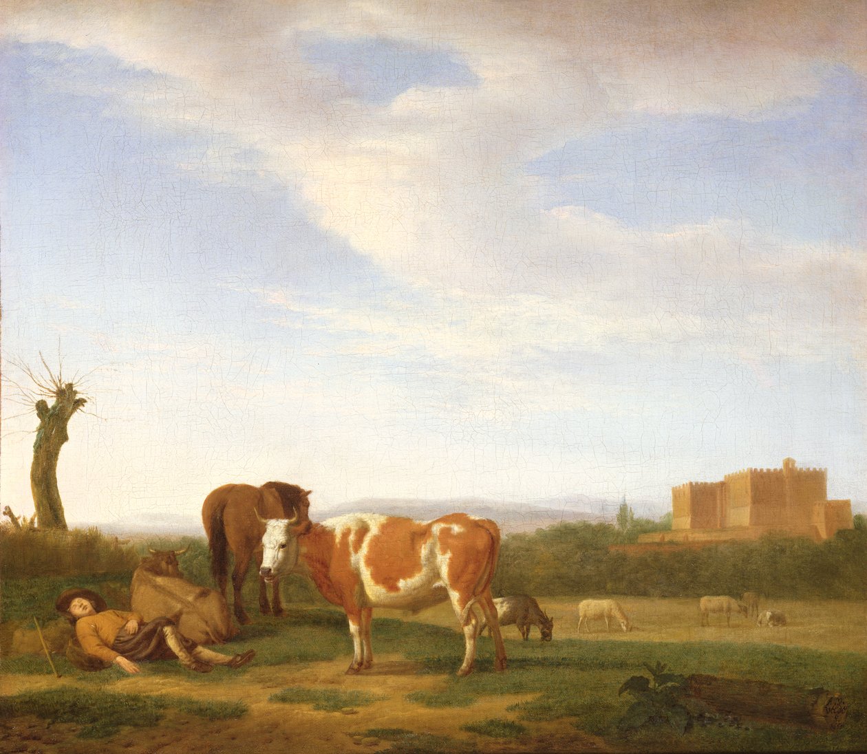 Pejzaż pasterski ze śpiącym pasterzem, XVII w. autorstwa Adriaen van de Velde