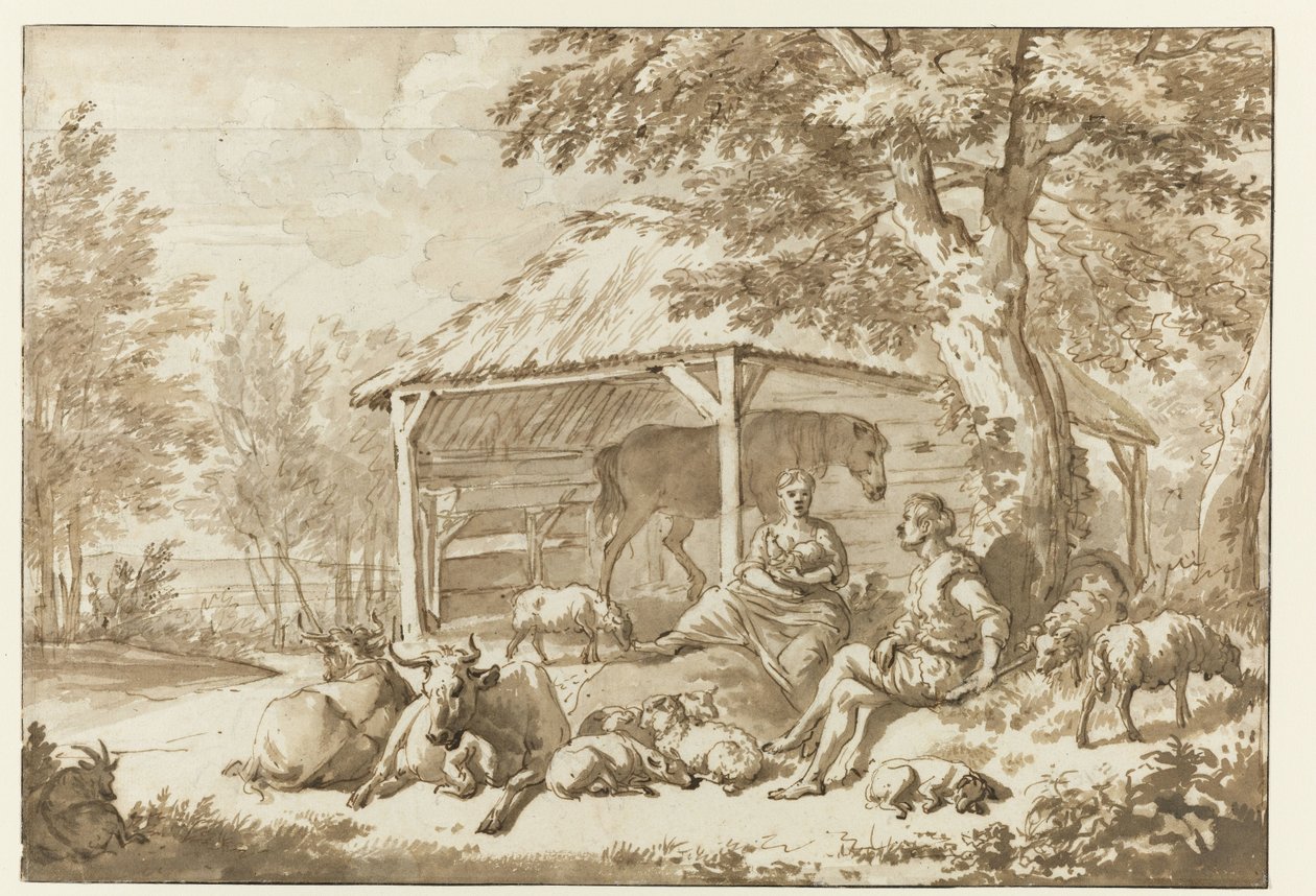 Para pasterzy z bydłem w pobliżu szopy Herdersidylle autorstwa Adriaen van de Velde