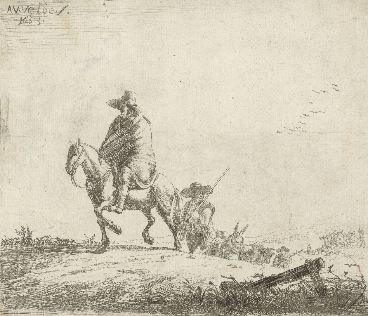 Jeździec i pasterz z bydłem na polnej drodze, 1653 autorstwa Adriaen van de Velde