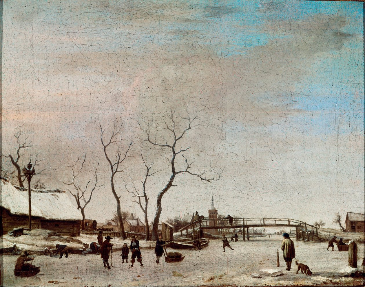 Riviere Gelee z łyżwiarzami Obraz Adriaena Van de Velde le jeune (1636-1672) 1668 wym. 23x30 cm Paryż, Musée du Louvre autorstwa Adriaen van de Velde