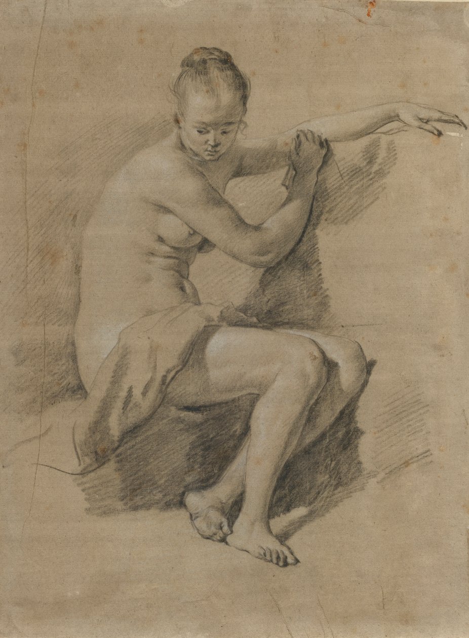 Akt kobiecy w pozycji siedzącej, ok. 1660-70 (rysunek kredą czarno-białą) autorstwa Adriaen van de Velde