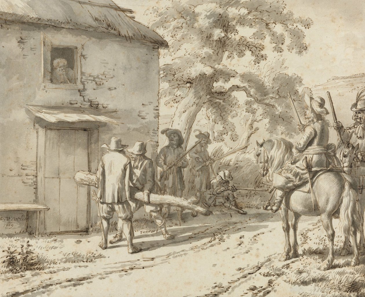 Żołnierze wyważają drzwi, 1669 (rysunek piórem i atramentem) autorstwa Adriaen van de Velde