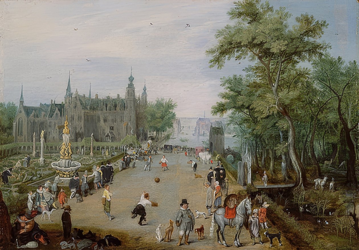 Gra Jeu de Paume przed pałacem. Około 1614 r. autorstwa Adriaen van de Venne