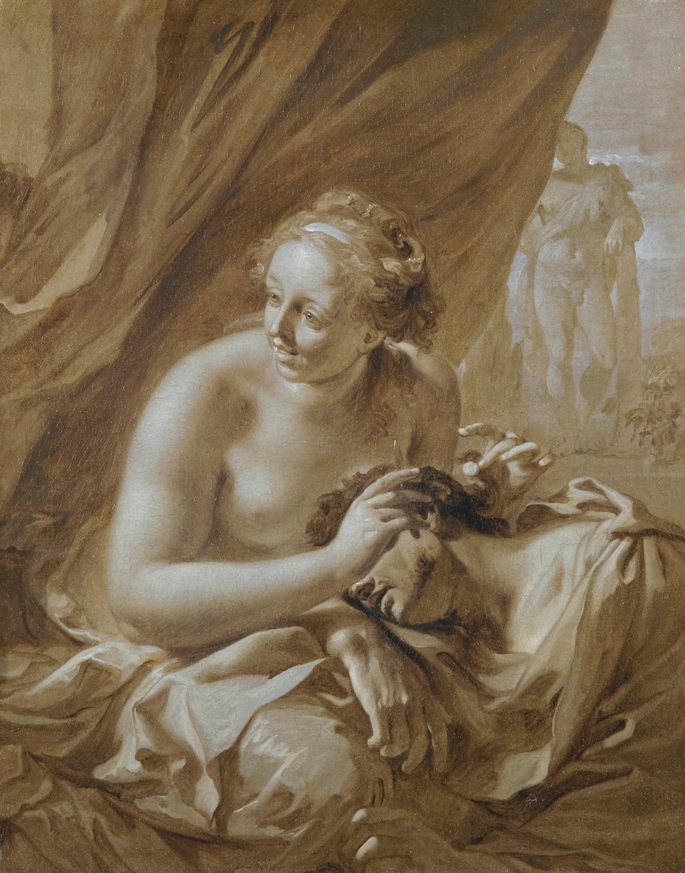 Podczas gdy Samson śpi na kolanach Delili, ona zachęca jego wrogów, by podeszli bliżej i obcięli mu włosy (Sdz 16:19). autorstwa Adriaen van der Werff
