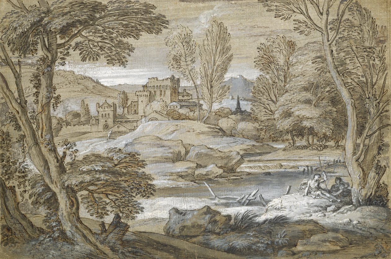 Pejzaż klasyczny (pióro i tusz indyjski na papierze) autorstwa Adriaen van der Cabel