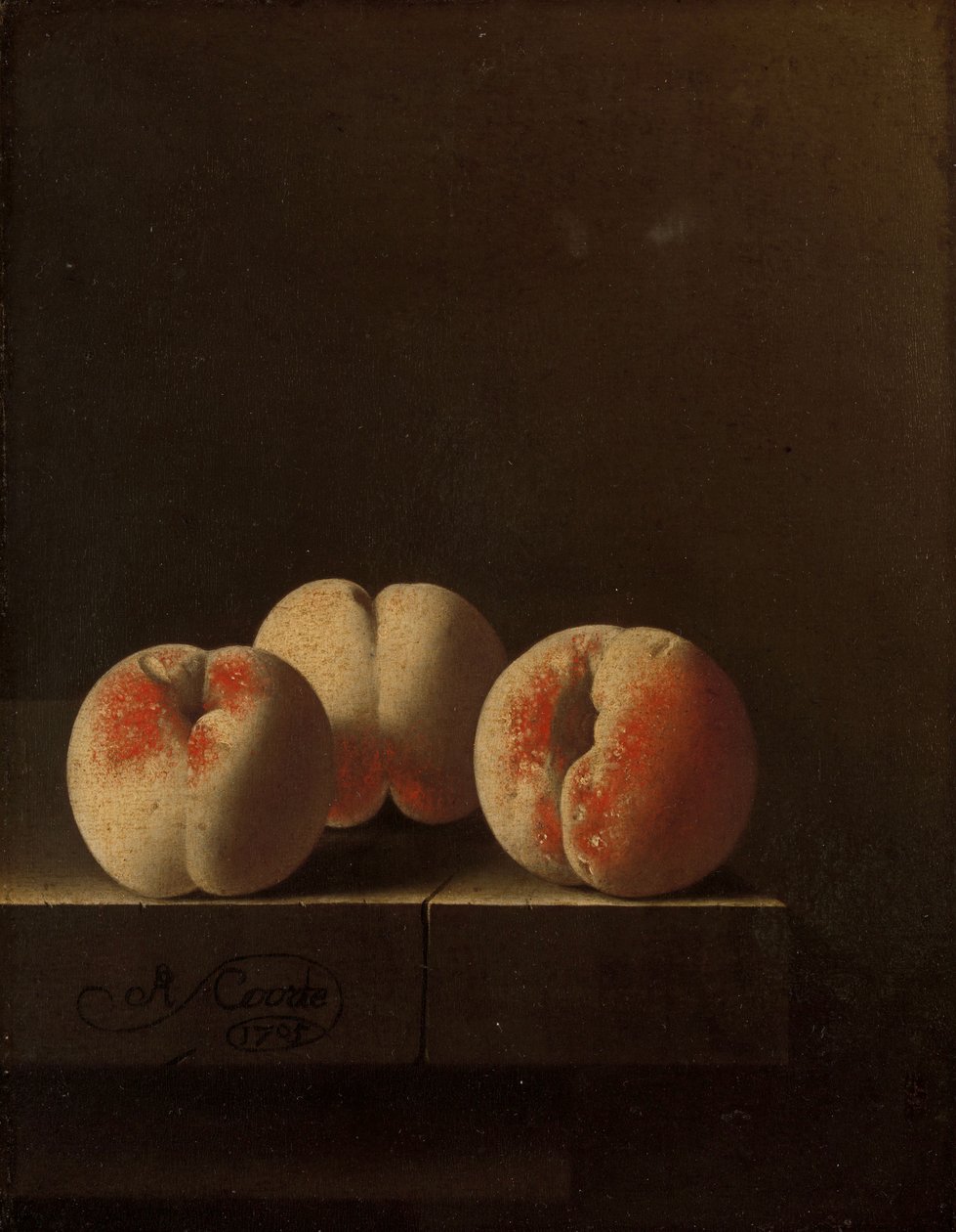 Trzy brzoskwinie na kamiennym cokole, 1705 autorstwa Adrian Coorte
