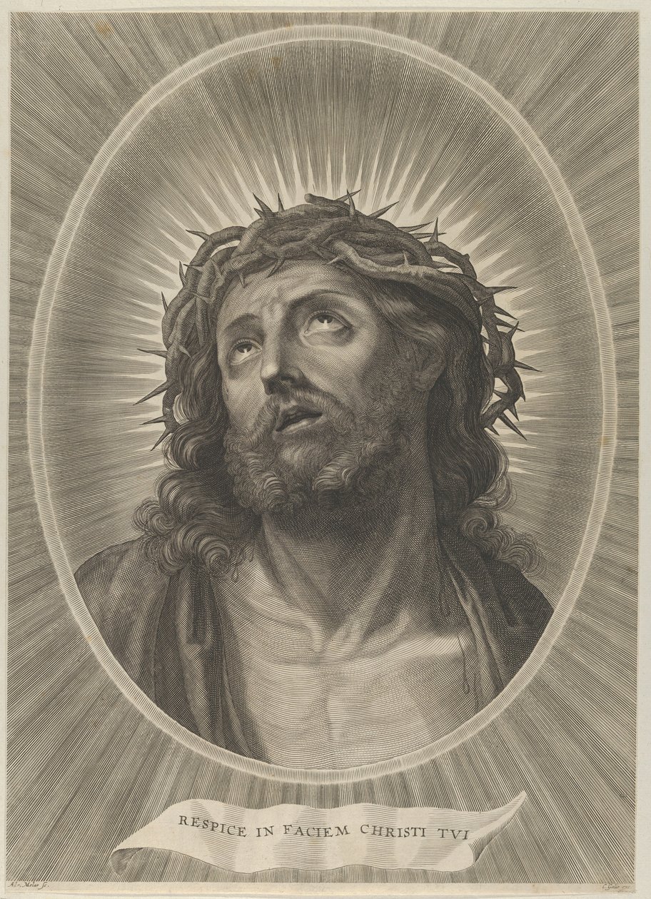 Głowa Chrystusa z koroną cierniową w owalnej oprawie, wg Reni, ok. 1900 r. 1..., ca. 1653-67. autorstwa Adrian van Melar