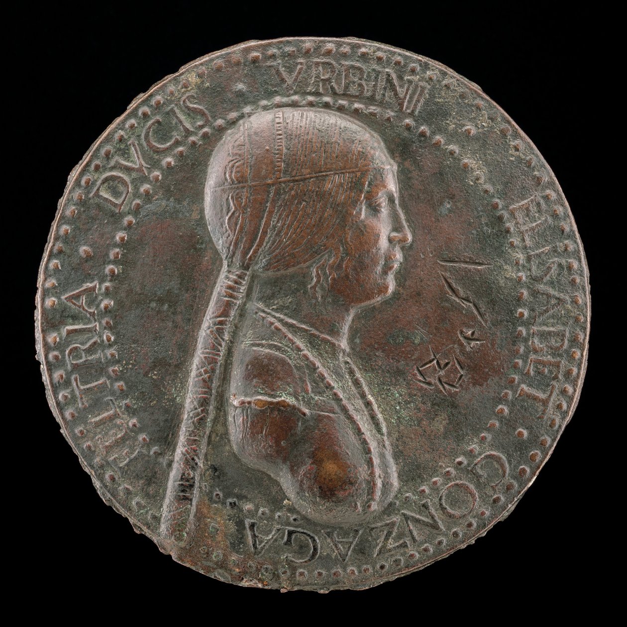 Elisabetta Gonzaga, zm. 1528, księżna Urbino, żona Guidobaldo I 1489 [obv], prawdopodobnie po 15 autorstwa Adriano Fiorentino