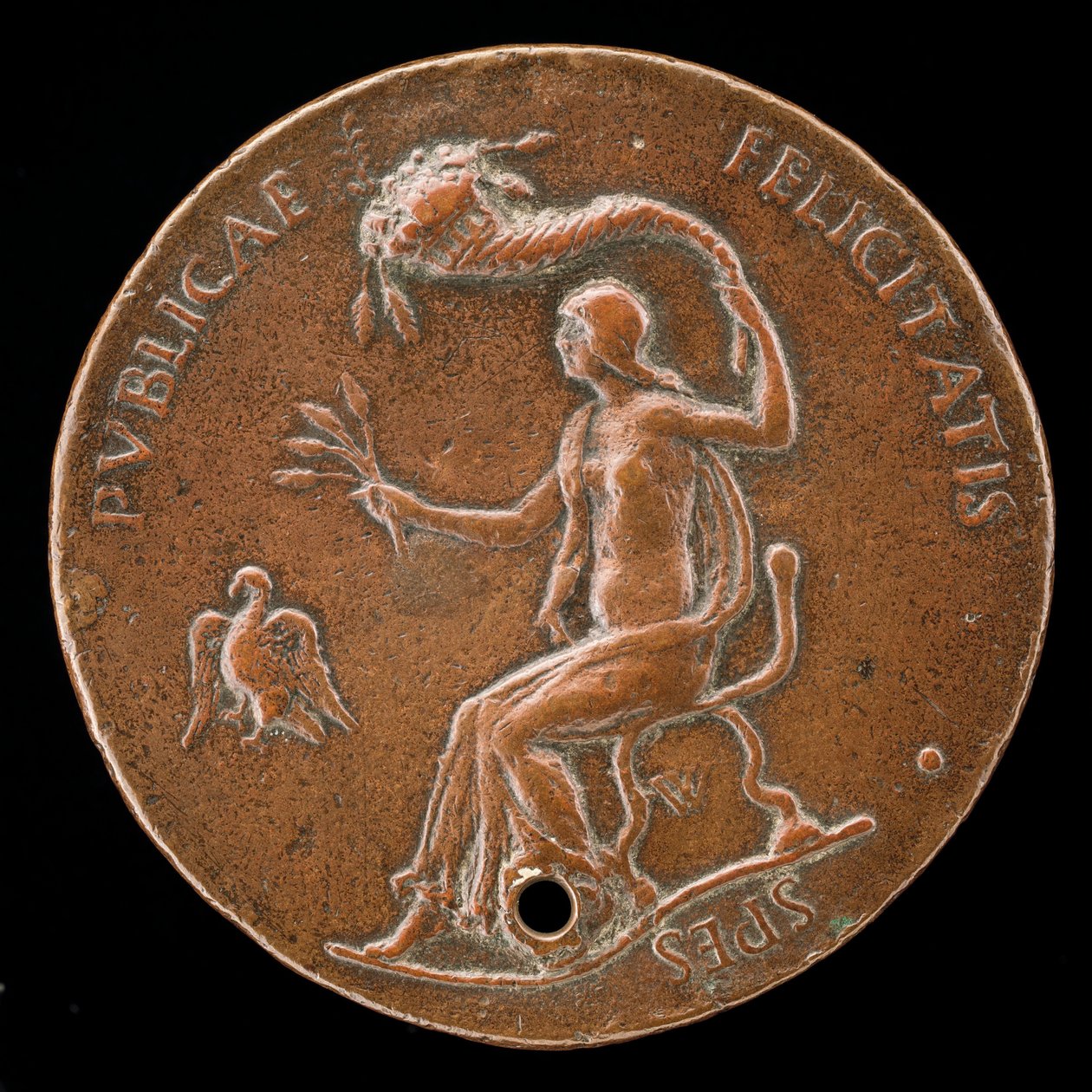 Siedząca Felicitas, trzymająca uszy kukurydzy i machająca róg obfitości [rewers], 1494 lub wcześniej. autorstwa Adriano Fiorentino