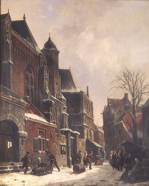 Holenderska scena uliczna z figurami przy kościele autorstwa Adrianus Eversen