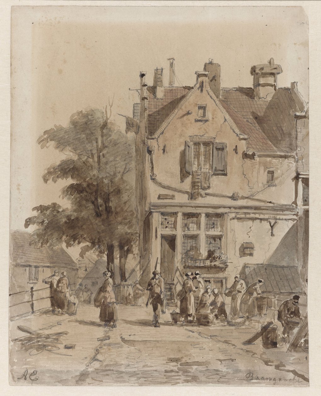Widok na most nad Baangracht w Amsterdamie ze sprzedawcami żywności Baangracht (tytuł na obiekcie) autorstwa Adrianus Eversen