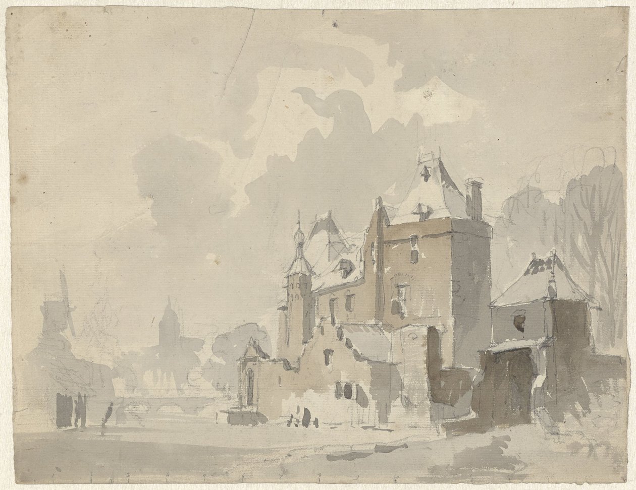Widok wyimaginowanego (?) zamku w pobliżu miasta autorstwa Adrianus Eversen