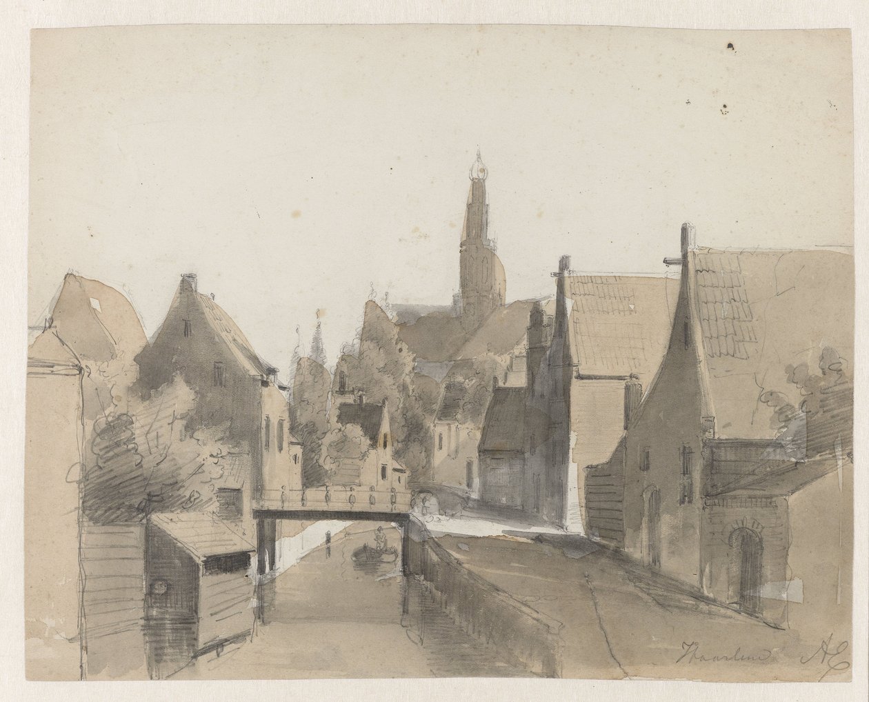 Widok na kanał w Haarlemie, w tle św. Bawó Haarlem (tytuł na obiekcie) autorstwa Adrianus Eversen