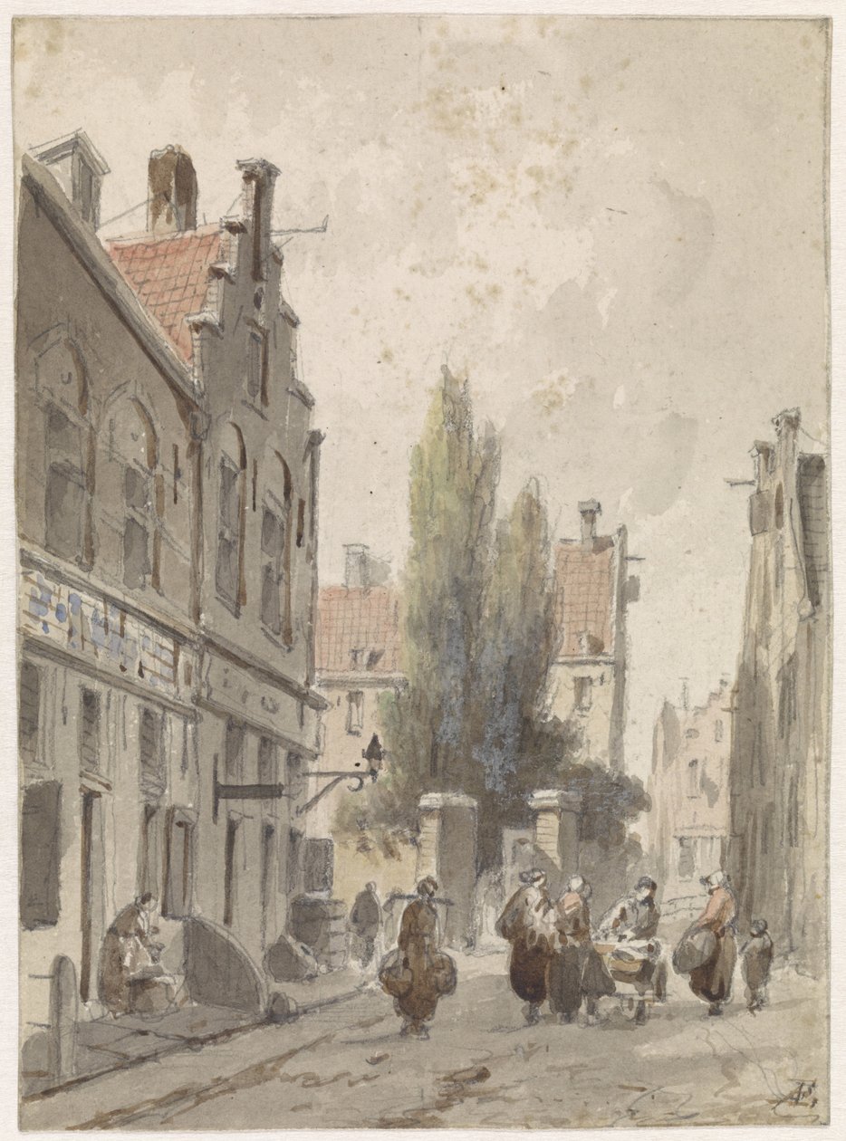 Pejzaż miejski z handlarzem autorstwa Adrianus Eversen