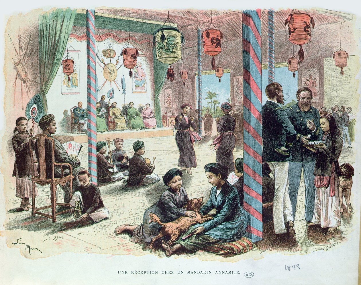 Przyjęcie w domu Mandaryna Annamity w Tonkinie, Indochiny Francuskie 1883 autorstwa Adrien Emmanuel Marie